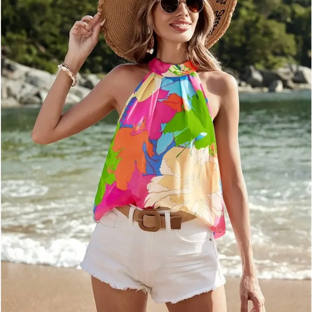 Vibrant Floral Halter Tank Top - Stylish Halter Neck & Sleeveless- Resort-Ready - Picture 2 of 4